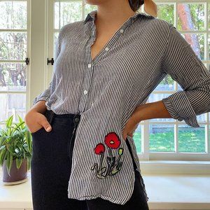 Striped Button-Down with Embroidered Flower Patch